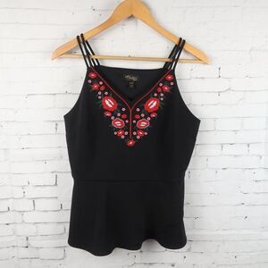 THALIA SODI BLACK SLEEVELESSS V NECK PEPLUM TOP WITH FLORAL EMBROIDERY SIZE S